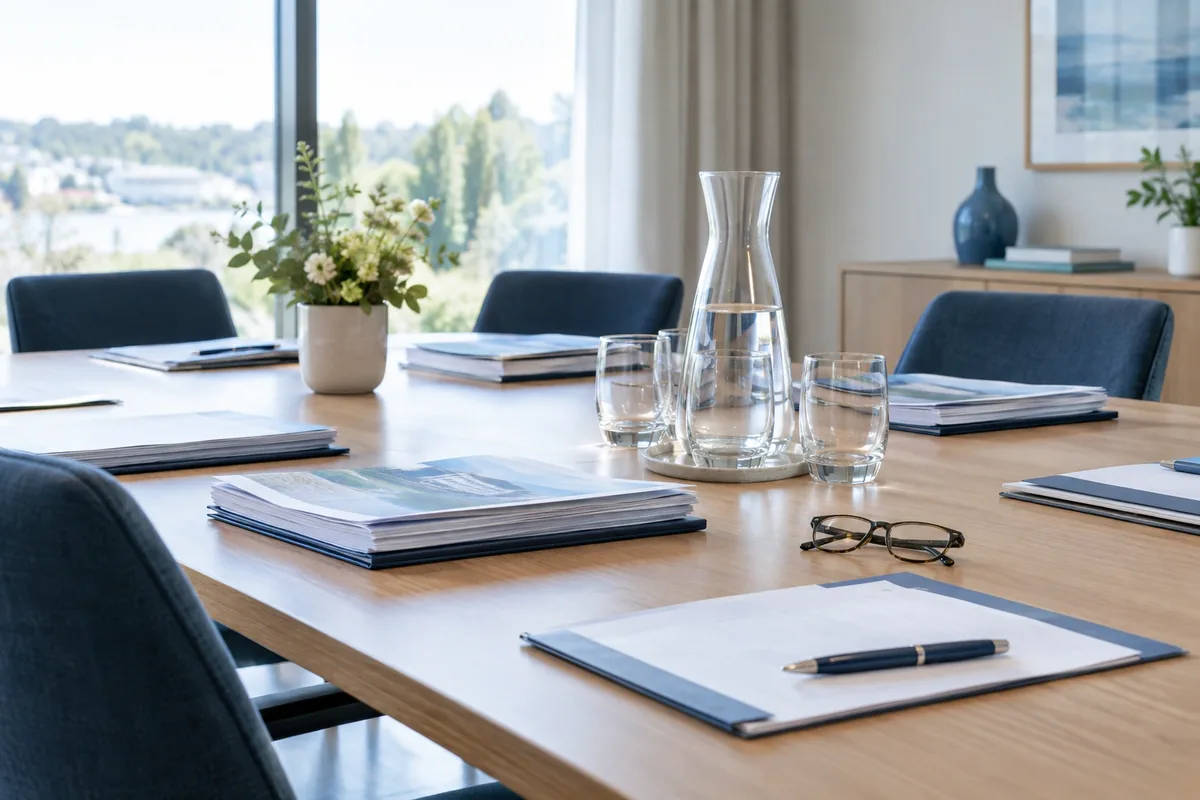 Vorbereiteter Tisch für eine Eigentümerversammlung